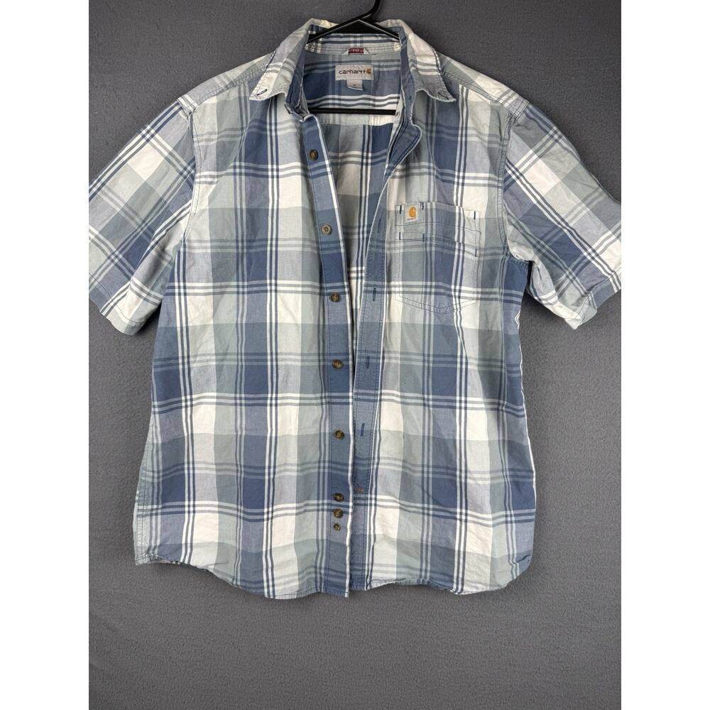 carhartt relaxed fit blue plaid short sleeve button down mens medium